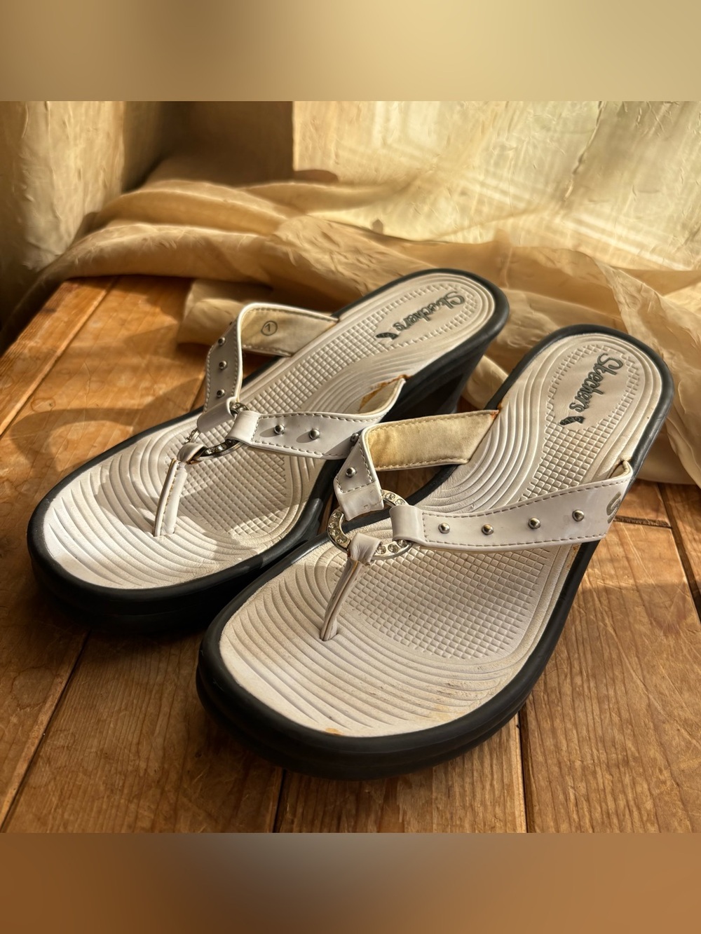 Skechers White Heeled Rhinestone Sandals